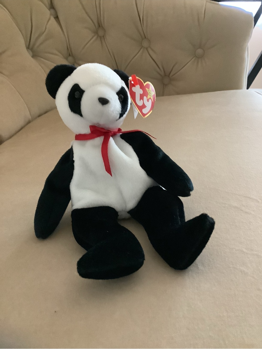 Ty Black and White Panda Plush with Red Ribbon - Fortune